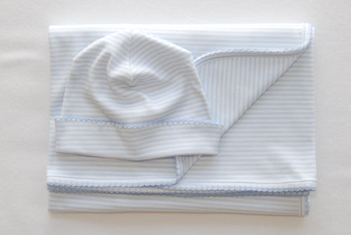 Blue Oxford Stripe Hat & Receiving Blanket Set