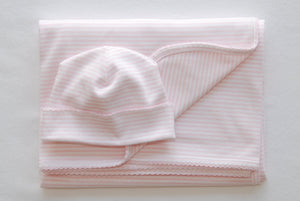 Pink Oxford Stripe Hat & Receiving Blanket Set