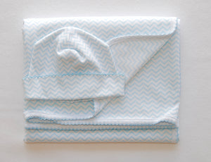 Blue Chevron Hat & Receiving Blanket Set