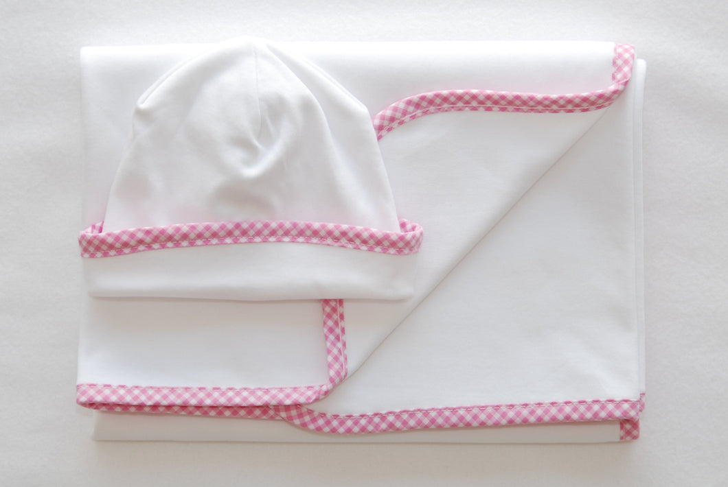 Hat & Receiving Blanket Set- Pink Gingham Trim