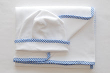 Hat & Receiving Blanket Set- Blue Gingham Trim